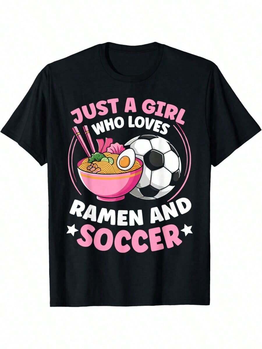 1 Piece Is Just A Girl's T-Shirt That Loves Ramen And Soccer - Cotton Round Neck, Casual Printed Top, Slight Stretch, All Season Breathable And Absorbent T-Shirt - Suitable For Children's Soccer Fans As A Gift Children's T-Shirt, Girls' Clothing, Girls' Tops, Girls' T-Shirts, 100% Cotton, Boys Shirt,Shirts For Boys,Ropa De Niña,Kids Clothes Girl,Kids Costume,Halloween Costumes For Kids,Young Girls Clothing,Kids Fall Clothes,Casual Tee, Perfect Christmas & Holiday Gift For Boys And Girls, Halloween Shirts For Children Kids Clothes