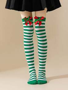 Meias versáteis com laço decorativo, meias listradas acima do joelho para mulheres, ideais para o Dia dos Namorados e feriados europeus e americanos.