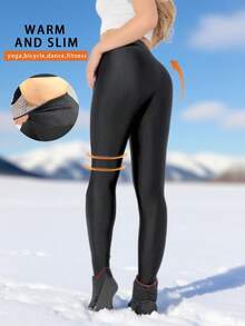 Thermisch gefütterte glänzende Leggings für den Winter, Thermische Freizeithose mit hoher Taille, Ananaskaro, dehnbar, mit ausgefranstem Saum, knöchellang - Schwarz - Übersicht 2