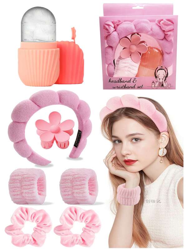 Zestaw narzędzi do masażu i pielęgnacji skóry twarzy 1-7 elementów / wałek do lodu i opaska do mycia twarzy, opaska do makijażu, opaska do mycia twarzy, opaska do pielęgnacji skóry, opaska z puszystej gąbki, kokarda, bańka mydlana, opaska do spa, opaska na nadgarstek, zestaw akcesoriów do włosów dla kobiet i dziewcząt