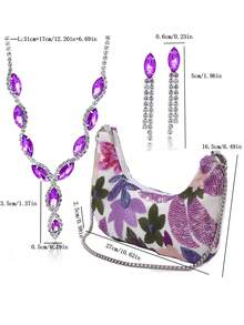 4-częściowy zestaw damskiej torebki kopertówki z kwiatowym wzorem i cekinami, na ramię, naszyjnik, kolczyki, bransoletka, luksusowy zestaw biżuterii