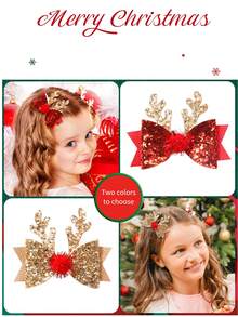 2 件闪亮圣诞鹿角蝴蝶结可爱女婴发夹，适合日常和节日装扮 - 彩色 - 查看 8