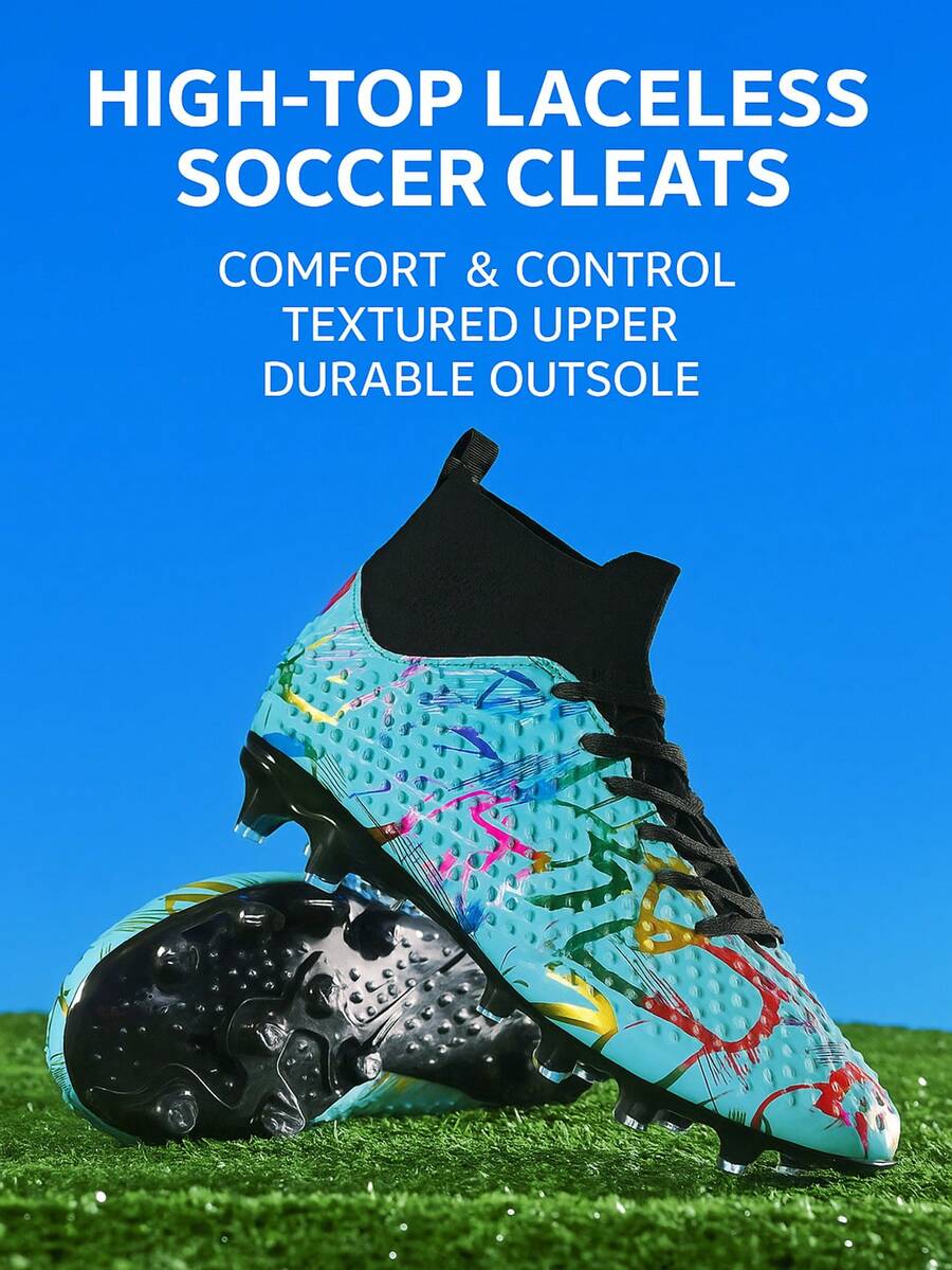 足球鞋，男女通用碎钉足球训练鞋，低帮户外团队运动鞋，适用于人造草坪、硬地及室内训练场。专业大码足球鞋，前系带防滑耐磨橡胶鞋底，AG钉足球鞋，轻质高性能防滑设计专业足球鞋。 - 藍色 - 查看 1