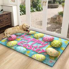 1pc 2D Flat Flannel Happy Easter Egg Pattern Anti-Slip Washable Polyester Door Mat – Vibrant Spring Decor For Porch, Kitchen, Hallway, Bedroom & Balcony, Lightweight & Durable Home Decoration
