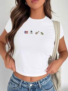 1pc Puerto Rico Women's Fashion Short Sleeve T-Shirt, Y2K Clothes, Back To School Clothes, Vintage Clothes, Street Wear, Rock, Holiday, Vacation, Festival, Summer Tops - 白色 - 查看 4