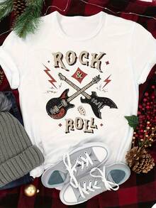 1Pc  ROCK & ROLL Letter & Guitar Print T-Shirt, Casual Crew Neck Short Sleeve Top For Spring & Summer, Women's Clothing   Women's Graphic Round Neck Short Sleeve Tee, Valentine St. Patrick Easter Theme, Casual Daily Wear - White - View 7