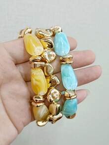 LADYCOCO 3pcs Vintage Thick Chunky Acrylic Beaded Multilayer Bracelet, Transformable Gold Chip Bracelet, Suitable For Women, Couples, Party, Daily Wear - Multicolor 25 - View 6