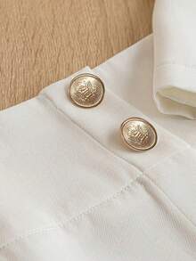 女士时尚休闲纯色个性化泡泡袖双排扣西装外套+优雅正式半裙两件套，适合工作、通勤、派对等场合，白色春季款 - 白色 - 查看 3