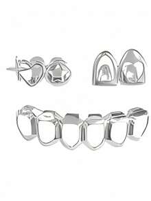 1 Set Fashion Women's Hip Hop Rhinestone Hollow Heart & Hollow 6-Tooth Grill Teeth Grillz, Carnival Party Accessory, Christmas Couples Gift Unisex - Multicolor - View 11