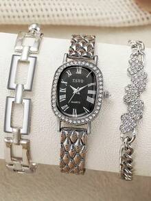 3 件套奢华优雅椭圆形罗马表盘精致石英女士手表套装，适合日常搭配、生日、女士礼物、周年纪念、年终促销、光棍节、万圣节促销和其他节日礼物 - 銀色 - 查看 7