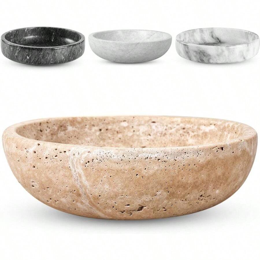 Travertine Decorative Bowl 7.8 Diameter 2 Height Key Bowl For Entryway Table Travertine Organic Modern Centerpiece Beige/Natural - 米色天然石灰華 - 查看 1