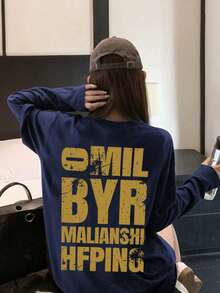 女式宽松休闲卡通字母印花长袖棉质T恤，春秋季 - 藏蓝色 - 查看 3