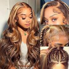 Honey Blonde Ombre Lace Front Wig Human Hair Highlight Body Wave Lace Front Wigs Human Hair Pre Plucked 200 Density Wig 5X5 13X4 HD Lace Frontal Wig For Women 4/27 Colored 28 Inch - S4/27 - 查看 4