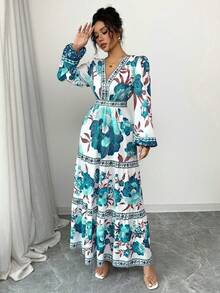Women's Long Dress With A Floral Print, A-Line Cut, Fitted At The Waist, And Puff Sleeves. This Dress Is Elegant And Romantic, Perfect For Dates, Vacations, Holidays, And Other Occasions. - 綠色 - 查看 6