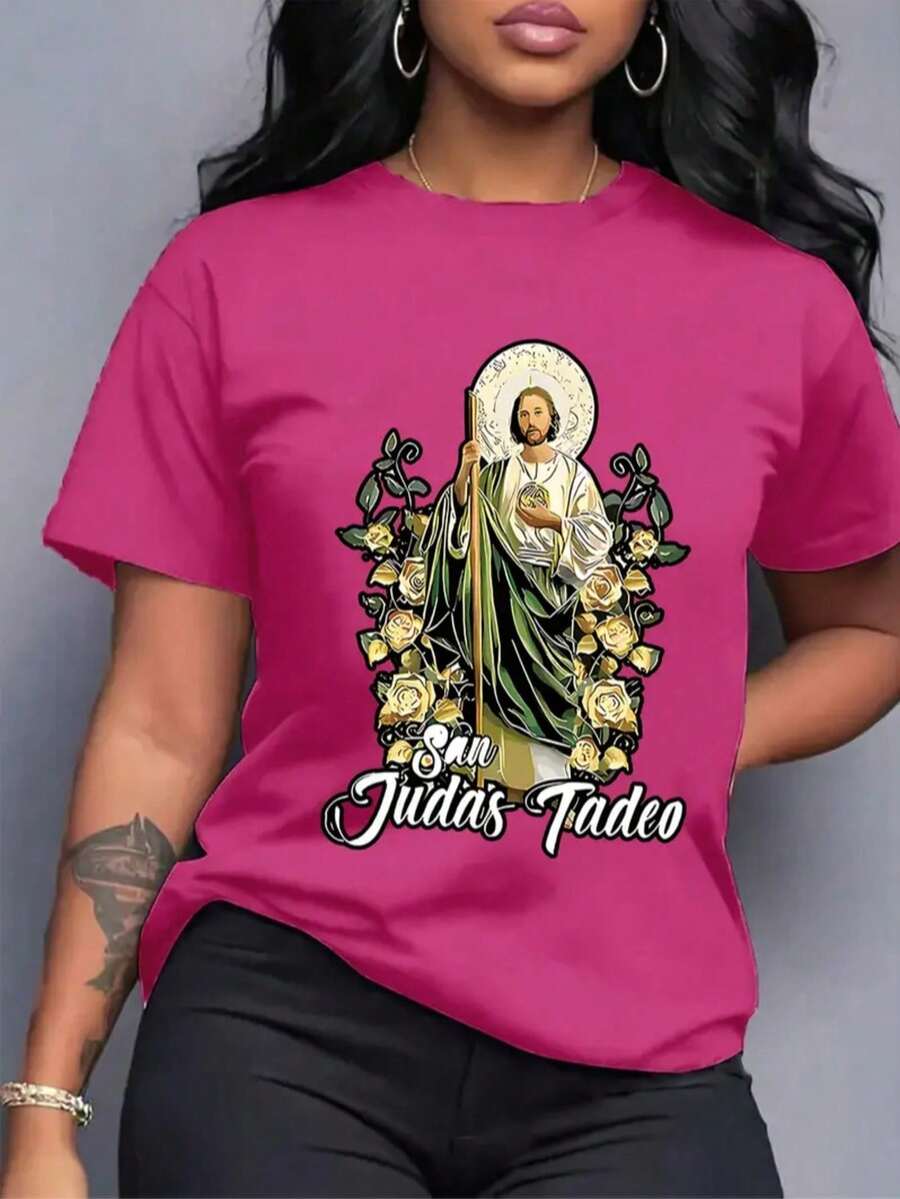 Camiseta 100% algodón San Juditas San Juda5 octubre de Manga Corta y cuello redondo para Mujer - Rosa Fucsia - Ver 1