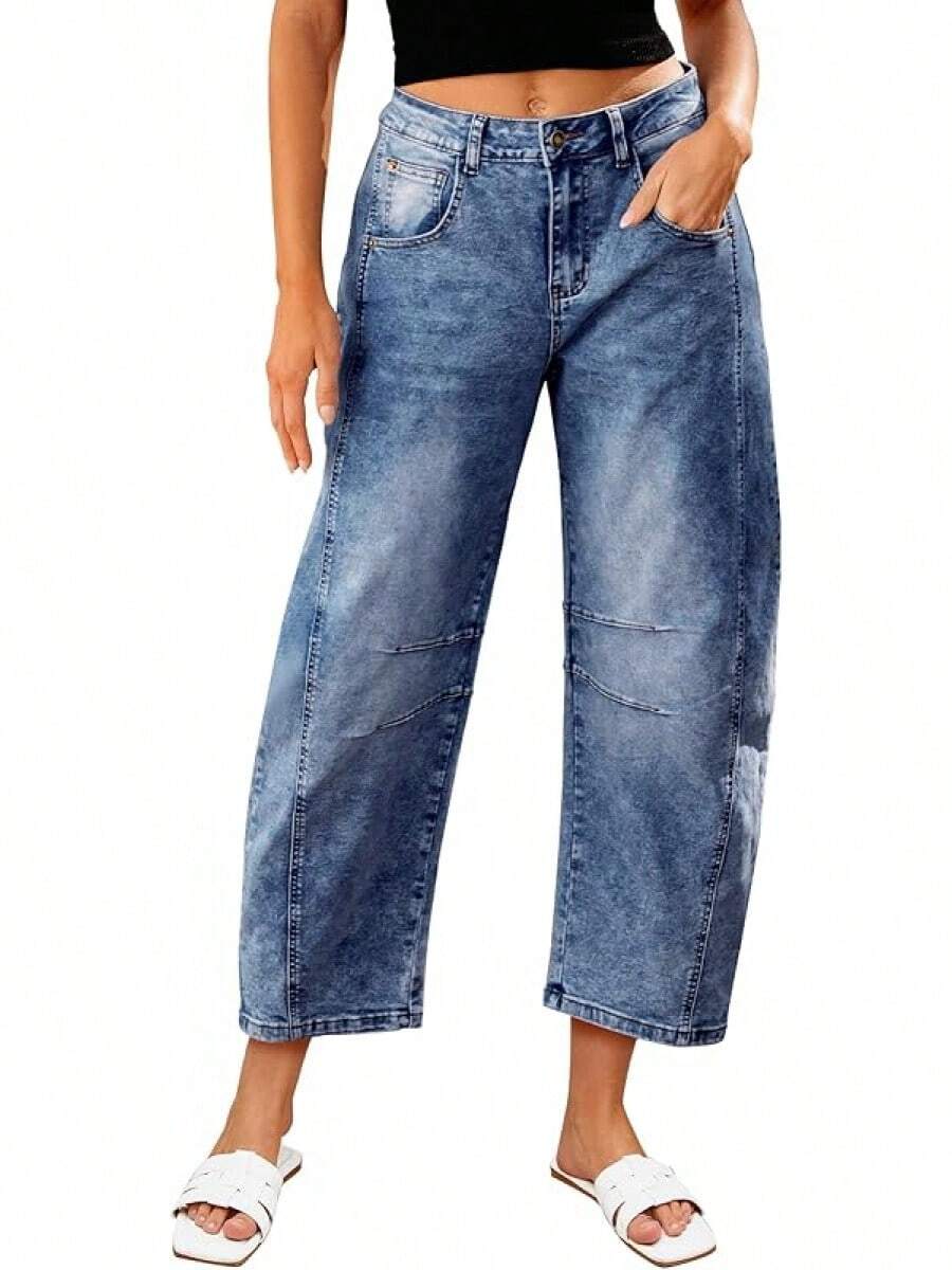 LookbookStore High Waisted Wide Leg Baggy Barrel Jeans Denim Jean Pantshalloween - Midnight Blue - View 1