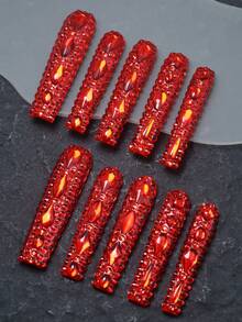 CrystalHola Unhas de Natal 10 peças unhas postiças artesanais, unhas postiças, unhas francesas, unhas extra longas com cobertura total e strass vermelho, unhas com glitter para festas, unhas luxuosas com luzes Y2K, adequadas para festas de festivais de música e uso diário, outono e inverno, um bom presente para meninas e mulheres, unhas de Halloween