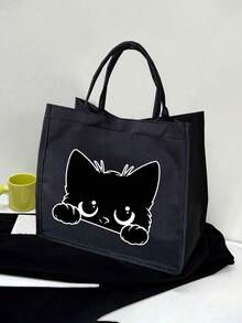 猫咪主题手提包套装：女士手提包搭配同款化妆包，包含1个黑色卡通猫咪图案手提包和1个小收纳袋/零钱包，时尚大容量化妆包，旅行化妆包，适合婚礼、生日、海滩、度假等场合，也是送给女性、母亲、教师、朋友、伴娘、学生、返校季以及动物爱好者的完美礼物。 - 黑色 - 查看 5