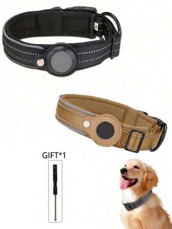 1 件装反光加厚可调节尼龙宠物项圈，适合小型、中型、大型犬，卡其色/黑色（M/L 码），适用于室内外训练，确保夜间可见，结实耐用，足以承受日常活动的磨损，可长期使用，方便快捷，完美兼容 Apple AirTags，防止丢失。赠送一个骨头形状的姓名牌（可自行刻字）。祝您的爱犬快乐！