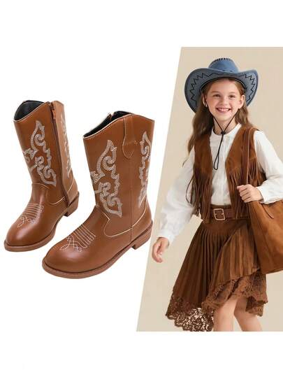 1 Pair Classic Embroidered Side Zipper Western Cowboy Boots For Boys & Girls, Suitable For Outdoor Activities, Autumn/Winter