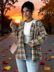 Women's Button-Up Hooded Shirt - Plaid Sweater-Like Top, Non-Stretch Fabric For Spring/Fall Layering, Everyday Casual Formal Outfits - Coffee Brown - View 3