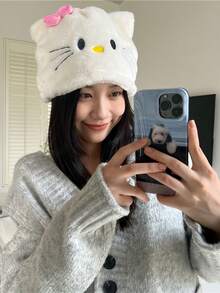 SANRIO 1 pieza Gorro de peluche tejido con lazo de Hello Kitty lindo y de dibujos animados, con forro térmico grueso y protección para las orejas, adecuado para el invierno - Multicolor - Ver 6