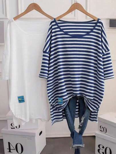 Blusa asimétrica de cuello redondo acanalada con rayas y contraste de color, elegante y romántica, para mujer de talla grande