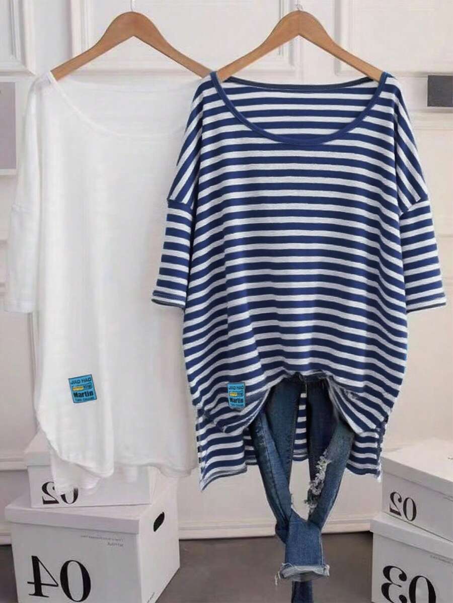 Blusa asimétrica de cuello redondo acanalada con rayas y contraste de color, elegante y romántica, para mujer de talla grande