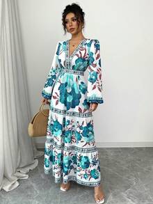 Women's Long Dress With A Floral Print, A-Line Cut, Fitted At The Waist, And Puff Sleeves. This Dress Is Elegant And Romantic, Perfect For Dates, Vacations, Holidays, And Other Occasions. - 綠色 - 查看 4