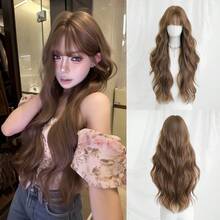 28 Inch Brown Long Waves Wig For Women - Elegant Fluffy Middle Part Curly Wig, Silk Synthetic Heat-Resistant Fiber Hair Wigs For Daily Wear, Music Festival & Ramadan Glam, Cosplay Costume Use - Wig Accessories
