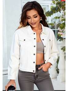 Chaqueta de mezclilla para mujer estilo casual minimalista, tela denim, acabado liso, holgada, cuello camisero, manga larga, primavera verano, para salir - Blanco - Ver 1