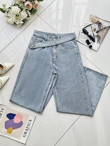 女士Y2K水洗不对称腰带装饰休闲牛仔裤，带侧袋，春季款 - 藍色 - 查看 5