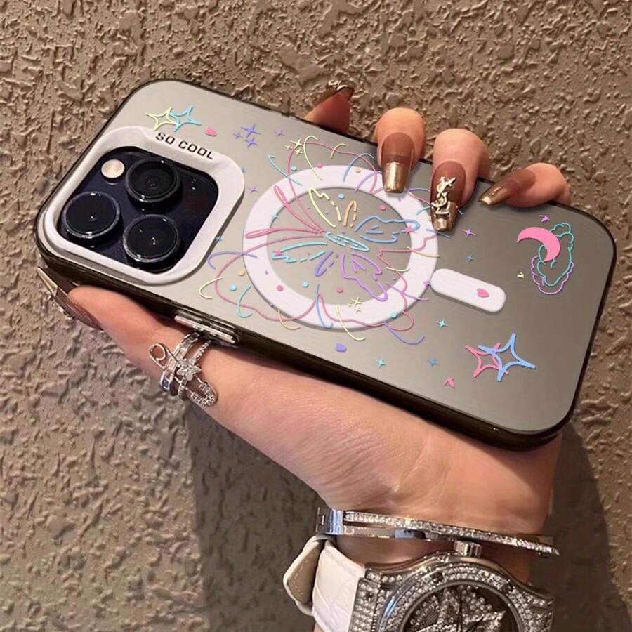 Funda magnética para teléfono móvil. Compatible con phone 16 Pro Max, 2025, 15 y 14 Pro. Incluye soporte. Resistente a caídas. IP12. Diseño elegante. Color plata con flores. - Blanco - Ver 1