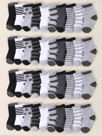 10 Pairs Of Baby Boy Crew Socks With Cute Star Stripes, Kids Black White Grey Socks, Newborn Socks, Toddler Socks, Infant Socks, Halloween Decor Thanksgiving Christmas Xmas Gift
