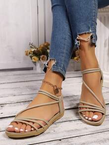 A Pair Of Shoes  Elegant  Vacation  Beach  PU Leather  Criss Cross    Flat Sandals  Beach  Holiday  School  Vacation  Party  Office  Home  Summer - 卡其色 - 查看 5