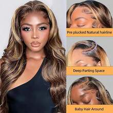 Honey Blonde Ombre Lace Front Wig Human Hair Highlight Body Wave Lace Front Wigs Human Hair Pre Plucked 200 Density Wig 5X5 13X4 HD Lace Frontal Wig For Women 4/27 Colored 28 Inch - S4/27 - 查看 5
