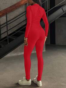 2pcs Women Pink Zipper Long Sleeve Top And Pants Set, Casual Commuter Sportswear Style, New Fashion - Bright Red - View 2