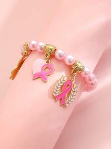 2pcs Elegant Fashion Pink Ribbon Pendant Breast Cancer Awareness Layered Bracelet Set, Heart Bow Faux Pearl Design Women's Beaded Bracelet Accessory Set, Suitable For Daily Wear, Party, Vacation, Holiday, Anniversary Gift - Pink - View 4