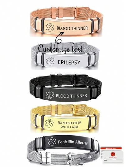 1 peça de etiqueta de identificação médica personalizada minimalista gravada a laser, pulseira de malha de aço inoxidável, ouro rosa/prata/preto, pulseira ajustável para homens, presente de Ação de Graças para amigos, idosos, cartão de identificação médica
