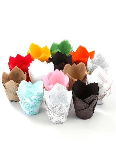 50pcs Elegant Tulip Striped Baking Cups, With Non-Stick Surface And Rounded Edges, Variety Of Styles, Colors And Patterns, For Muffins, Cupcakes, Layered Cakes - Decorative And Functional Tulip Cupcake Liners For Birthday, Wedding, Party Desserts