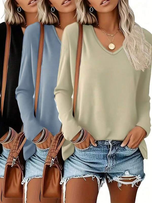 3 camisetas femininas plus size com decote em V e manga comprida - blusas casuais macias e elásticas, adequadas para todas as estações, ajuste regular, peça versátil | Camiseta com decote em V | Elasticidade média, camisetas femininas, blusas/tops de manga comprida femininos, blusas femininas de outono, camisetas/camisetas femininas, blusas femininas