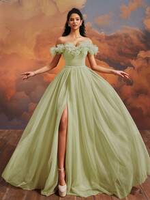 VIPGIRL Elegant Mesh Formal Long Evening Gown - Lime Green - View 4