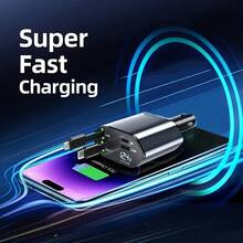 W&O 4-In-1 Retractable Car Charger, Fast Charging Car Charger, Dual USB Ports, Compatible With For Iphone And Type-C, PD And QC3.0, 180° Adjustable Base, Compatible With For Iphone 16/15/14/13/12/11 And Android Devices, Suitable For Car Charging, Car Accessories, Holiday Gift, SAN.COMO Fast Car Charger