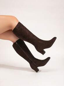秋冬季宽楦女式欧美时尚舒适高跟粗跟优雅派对及舞会小腿靴 - 咖啡棕 - 查看 3