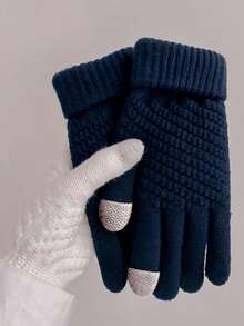 1 Pair Multicolor Winter European & American Popular Thick Velvet Knitted Five-Finger Universal Unisex Solid Color Gloves, Windproof - Multicolor - View 14