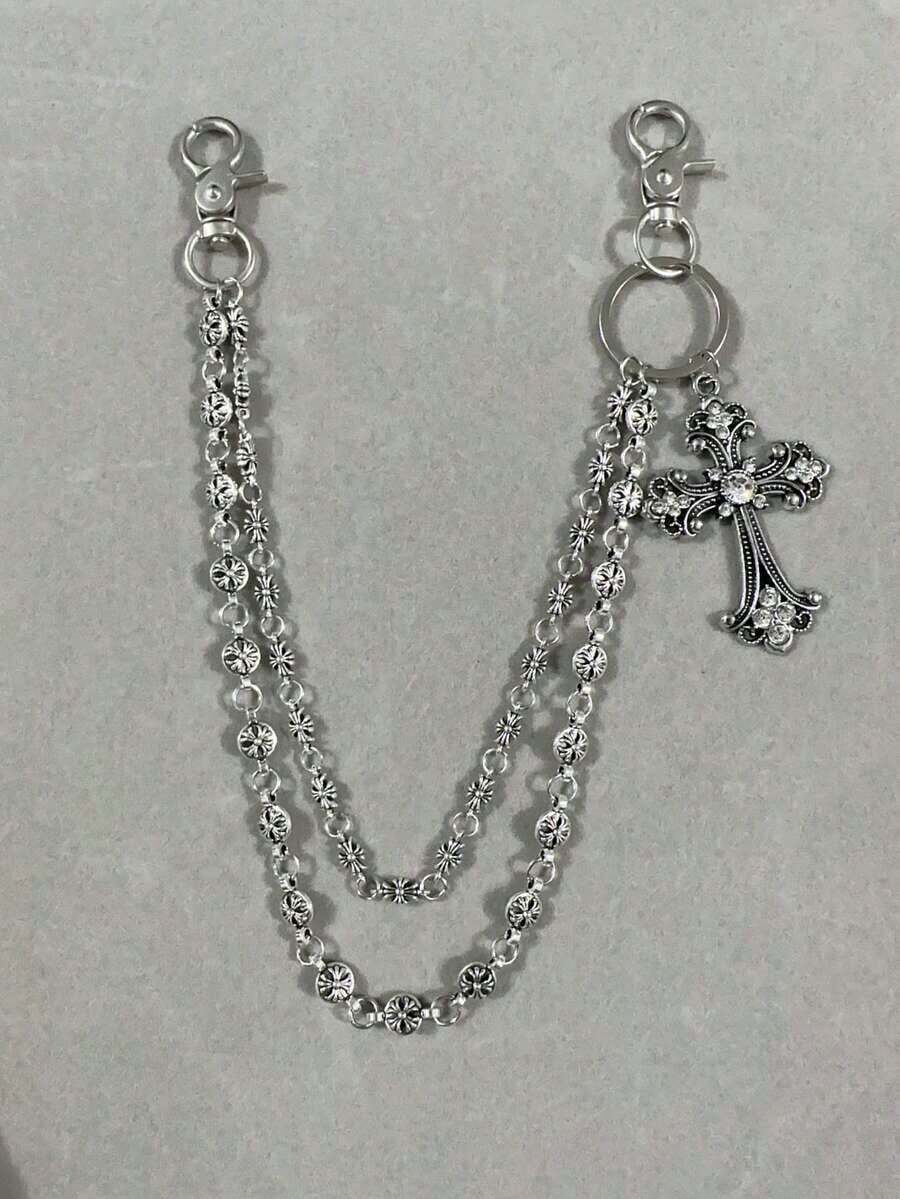 1pc Vintage Double Layer Cross Chain, Wallet Chain, Punk Jeans Chain, Pocket Chain, Men Keychain - Multicolor - View 1