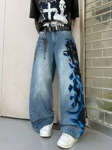 1pc Men's Handpainted Graphic Wide Leg Jeans, Streetwear Casual Loose Fit Washed Denim Pants (No Belt Or Accessories) - Blue - View 8