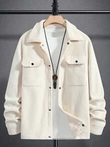 Reversible Fleece Shacket For Men, Beige Casual Versatile Soft Workwear Pocket Top - Apricot - View 2