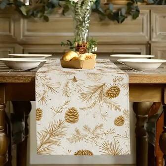 1 Juego de manteles navideños de lino, árboles de Navidad elegantes en dorado y blanco, ramas y hojas de pino doradas, estampados de piñas, manteles rectangulares duraderos de poliéster
