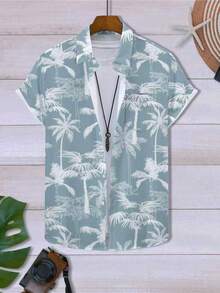 Mature Vacation Palm Tree Print Short Sleeve Casual Shirt D2623 - Blue - View 4
